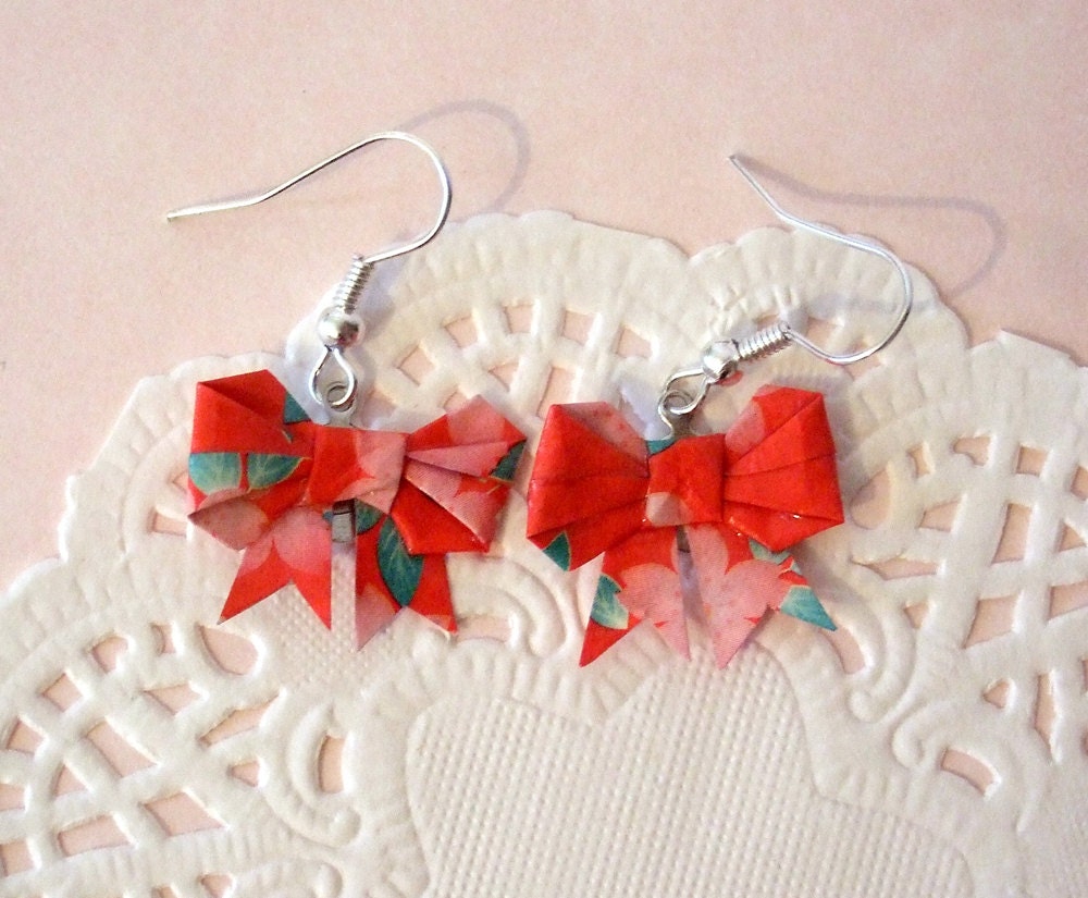 Origami bow earrings, made with adorable red origami washi paper