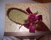 Victorian Slipper - Ribbons, Rose, Butterfly, Gorgeous Trim - Burgundy and Gold 3D Handmade Card