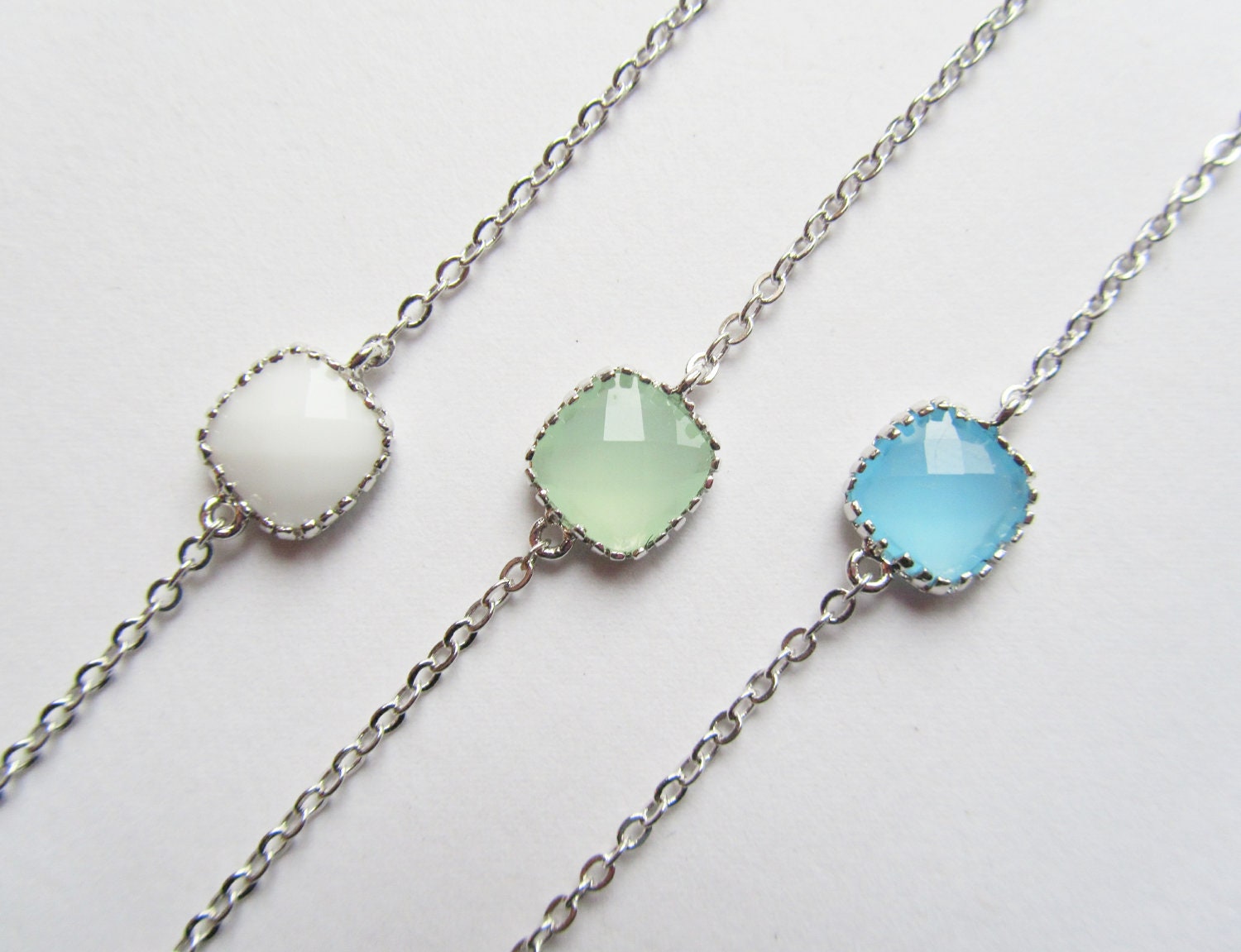 Personalized Bracelets, Choose your color-White Opal, Seafoam & Ocean Blue connectors on a silver plated chain, Bridesmaids