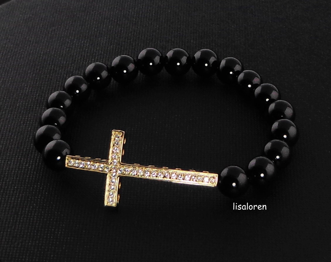 Sideways Cross Bracelet with CZ's and Black Jet Onyx Beads, Sister Bracelet, Gift For Her, Mom, Love, Faith, Great Gift Idea
