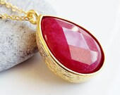 Teardrop Necklace - Ruby Red Jade - 18 inch chain - Fall Fashion