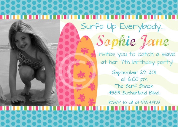 Surfer Girl Printable Photo Invite for Birthday Party or Baby Shower DIY Custom Invitation by BeeAndDaisy Il_570xn