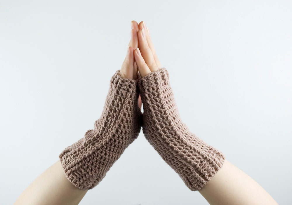 feminine crochet fingerless gloves in cafe - mittens arm warmers wrist warmers for her winter fashion - merino wool