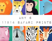 Safari nursery prints for baby & child. Any 6 modern prints of jungle zoo animals theme for kids rooms and playrooms