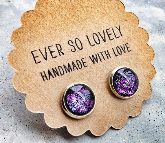 summer nights and starry skies - handmade black dark purple sparkly metallic nickel free post earrings