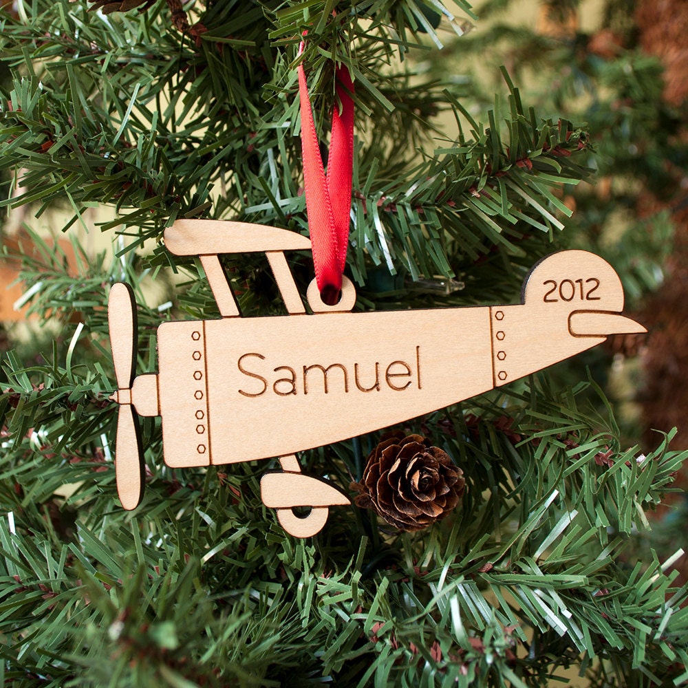 Wooden Airplane Ornament Baby's First Christmas Personalized Kids - graphicspaceswood