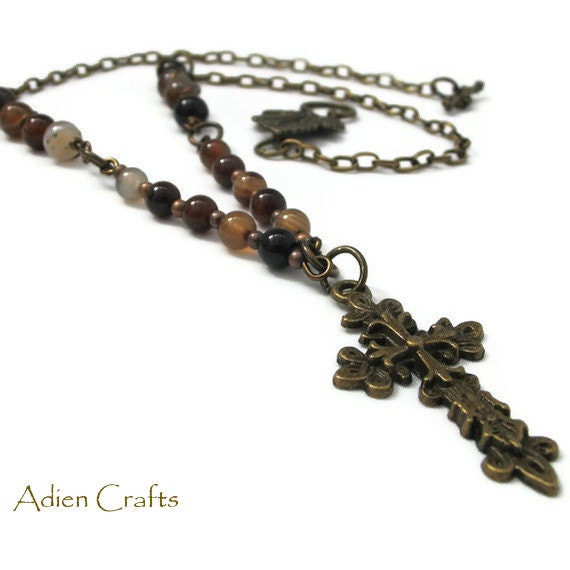 Bronze Cross Necklace Brown Banded Agate Autumn Fall Colours Pendant
