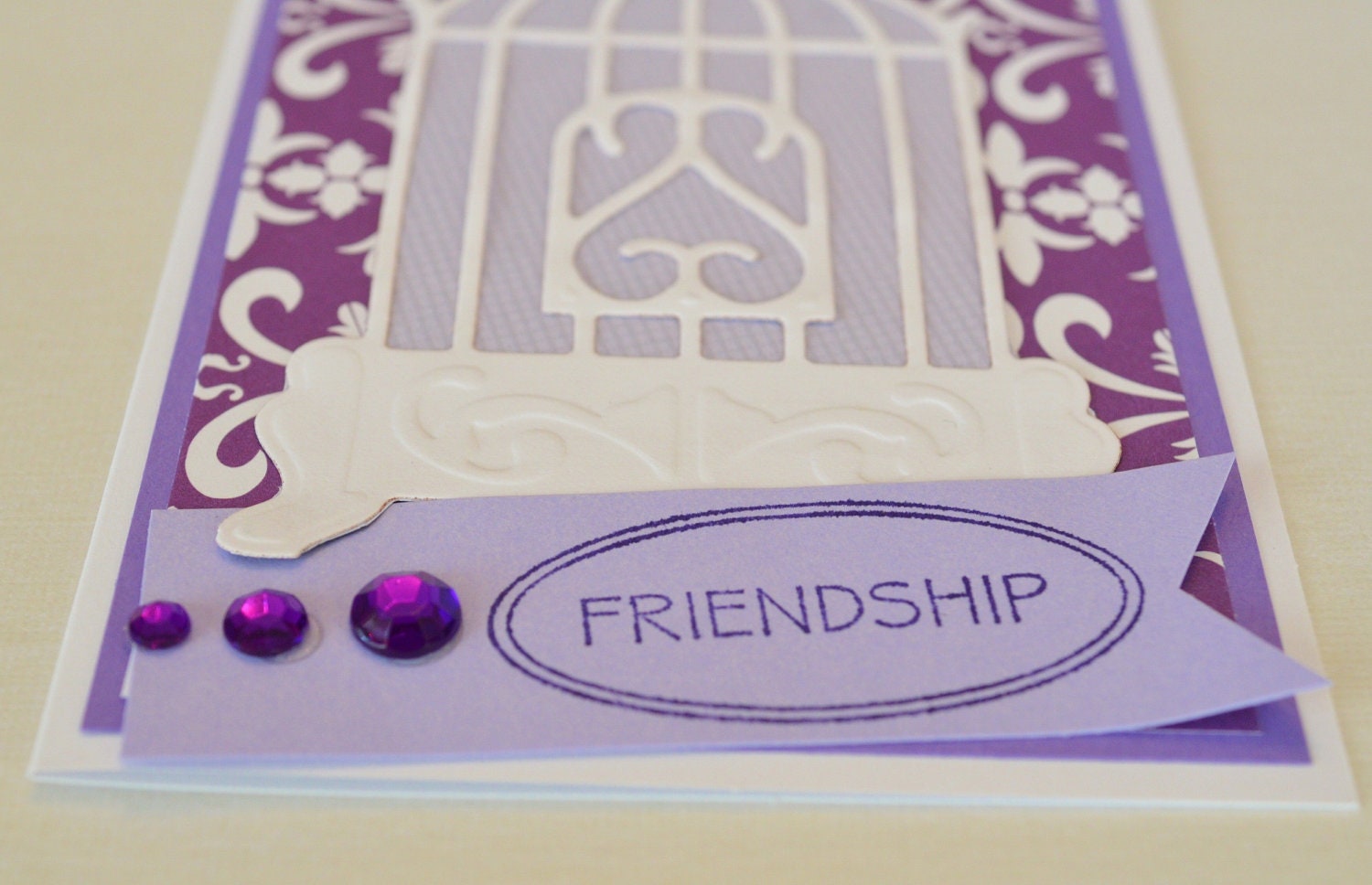 Friendship Card Purple Birdcage Thinking of You Handmade Card plus five grommet tags in black