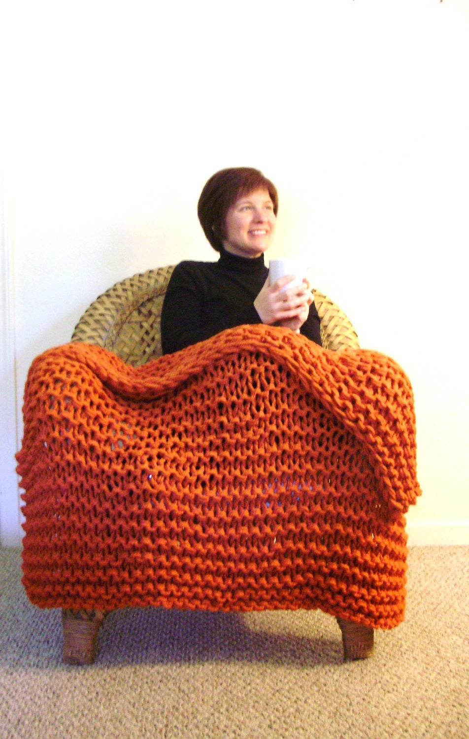 Pumpkin Orange Chunky Knit Throw Blanket - Great Housewarming Present or Wedding Gift