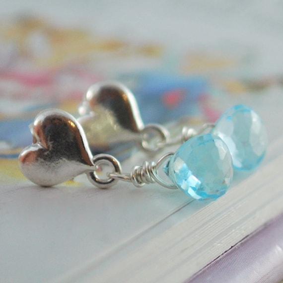 Genuine Blue Topaz Earrings Child Children Girl Pale AAA Gemstone Sterling Silver Heart Ear Posts Wire Wrapped Jewelry December Birthstone