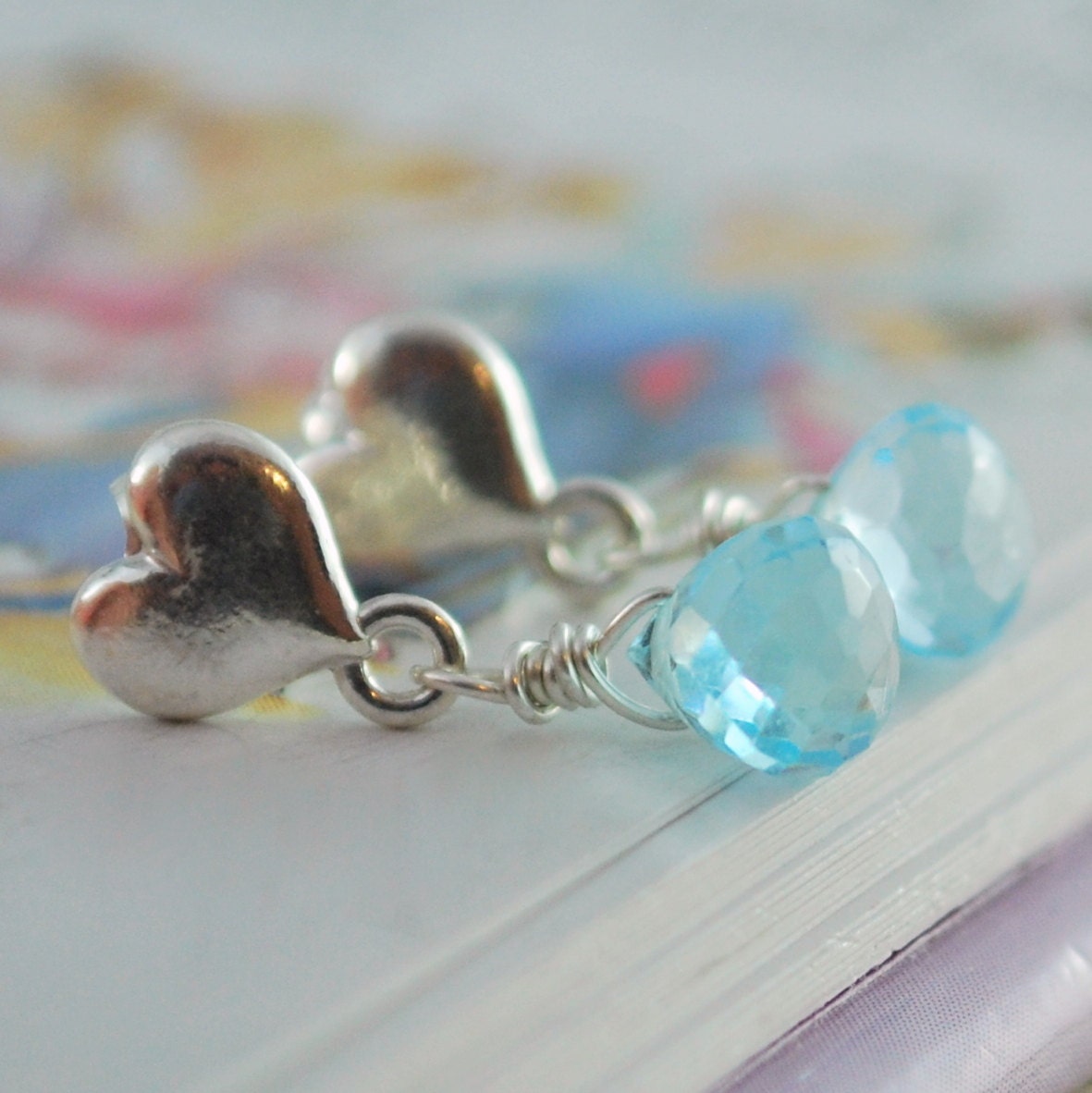 Genuine Blue Topaz Earrings Child Children Girl Pale AAA Gemstone Sterling Silver Heart Ear Posts Wire Wrapped Jewelry December Birthstone