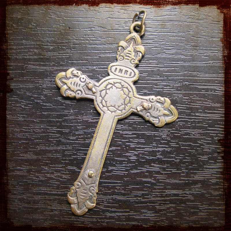 Antique French Brass Catholic Christian Cross - great vintage item for jewelry, mixed media or assemblage
