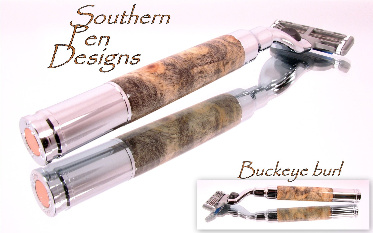 Mach 3 Razor in chrome and Buckeye burl body. Magnum bullet .