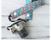 ruched camera strap cover - blue neon floral