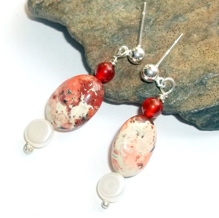 Gemstone Earrings Poppy Jasper Carnelian Pearl Sterling Silver Posts Red Orange White earthegy