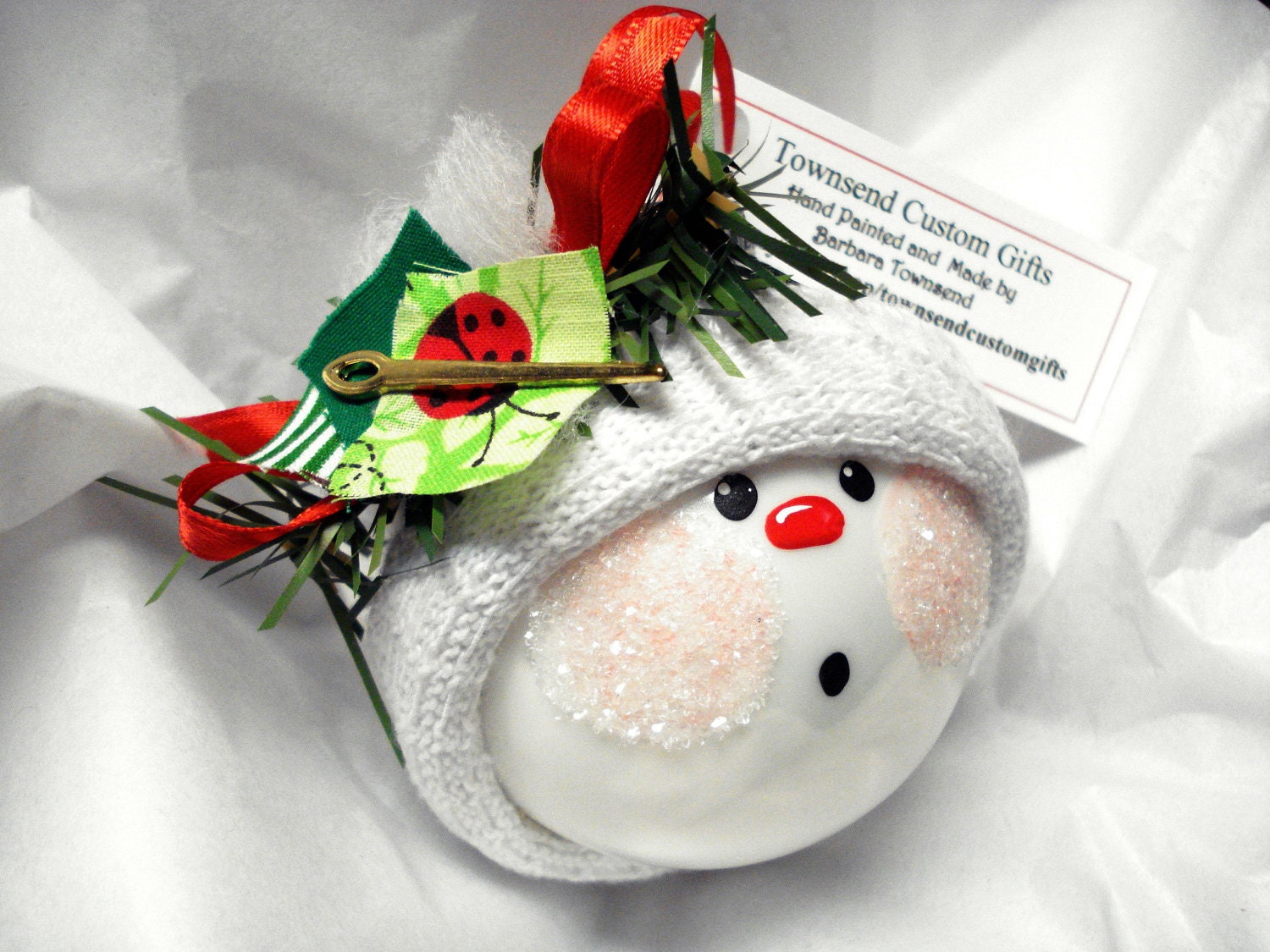 Quilting Snowman Ornament Christmas Tree Bulb Hand Painted Glass Snowball Face Themed with quilting Personalized