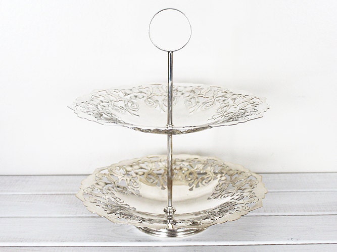 Vintage Silver plated Cake Stand 2 Two Tier serving tray epns silver plate. handle pretty