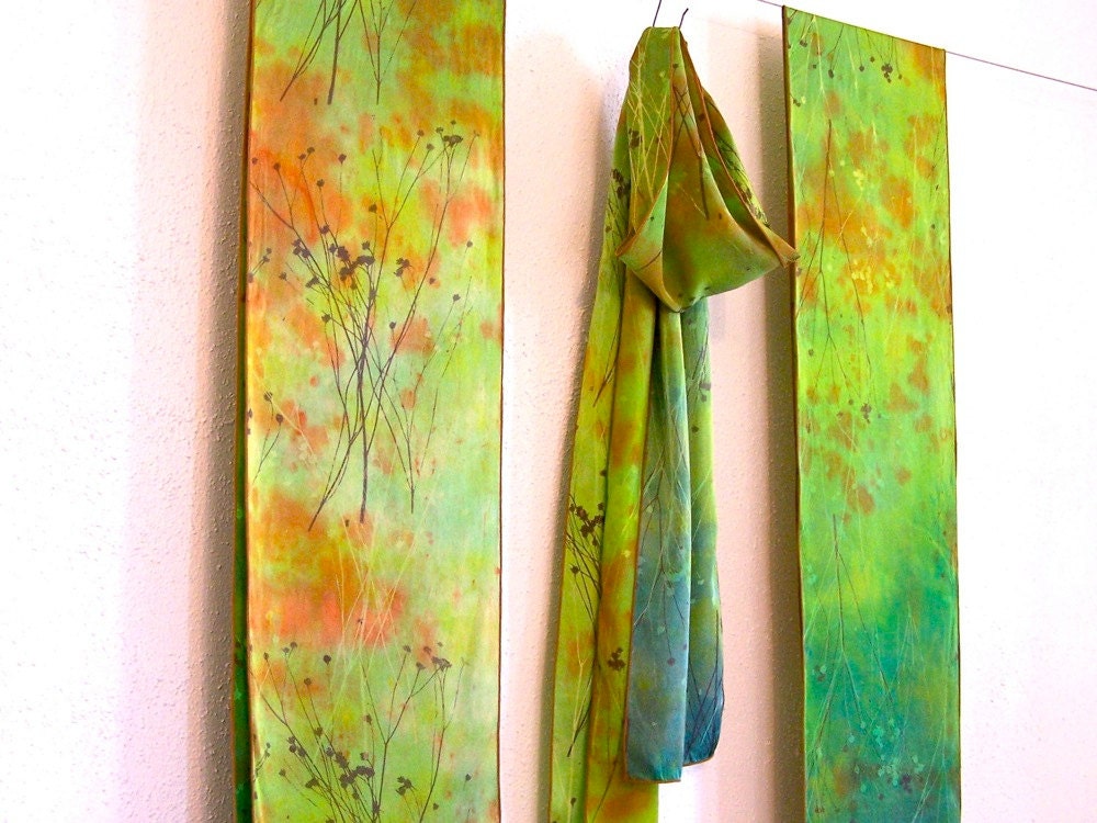 hand painted silk scarf  greens teal orange ombre with baby's breath