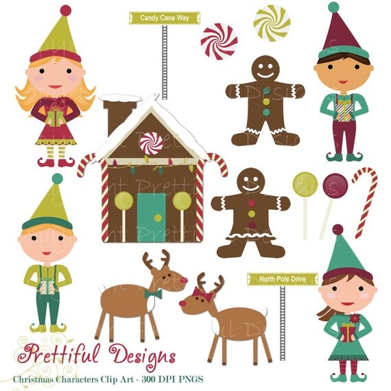 50% OFF SALE Christmas Characters Clip Art - Elf, Elves, Gingerbread, Reindeer - Personal or Commercial Use - Deck The Halls (414) Il_570xn