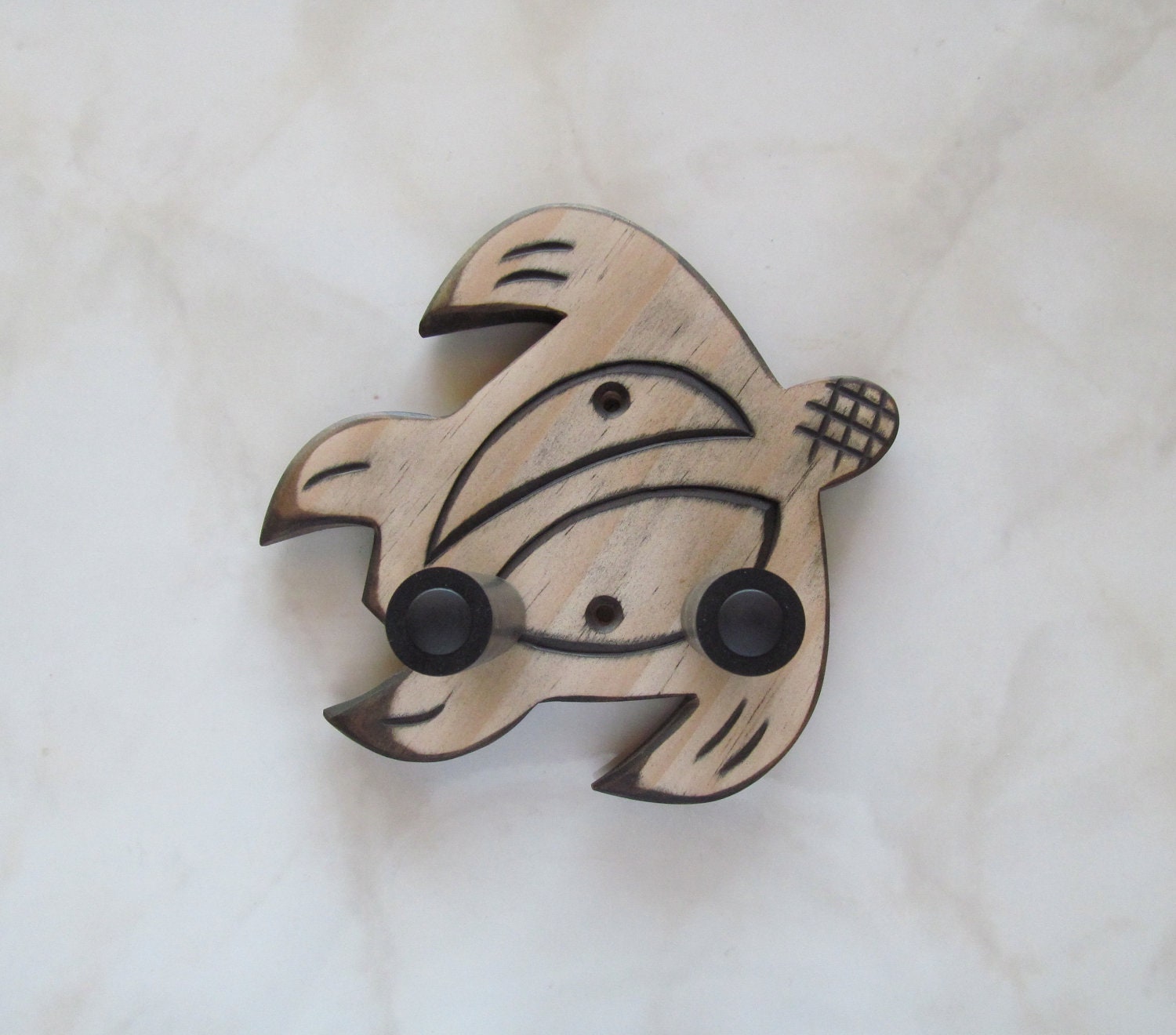 Ukulele wall mount hanger, hand carved honu, dark brown