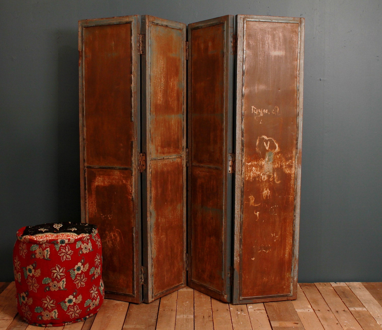 Industrial Blue Gray Room Divider Screen Old Folding Wood/Metal Panels