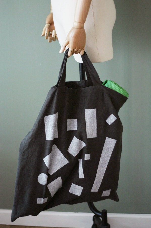Made to Order, Large Market Tote, Shopper Bag : "Squares" Hand-printed on Washed Charcoal Grey