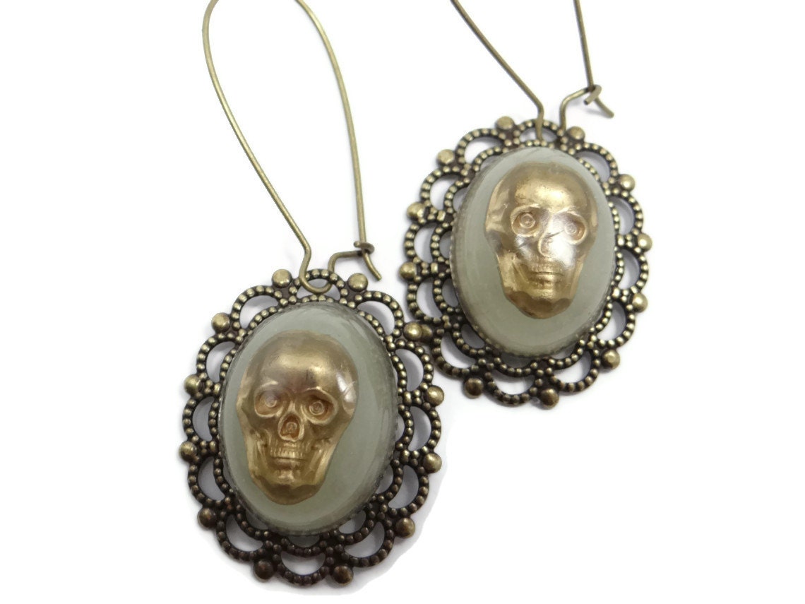 Gold Skull Glow in the Dark Earrings Logan's Ghost Glowing Skull in Gold Brass Earrings by Dr Brassy Steampunk