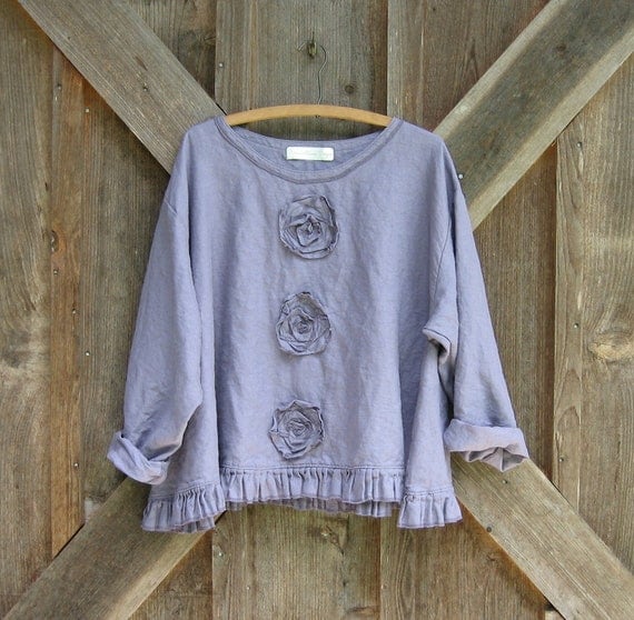 linen top Romance flare design in thistle dusty lavender with roses