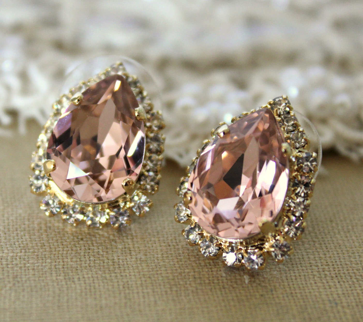 Pink Crystal big teardrop stud earring - 14k plated gold post earrings real swarovski rhinestones .