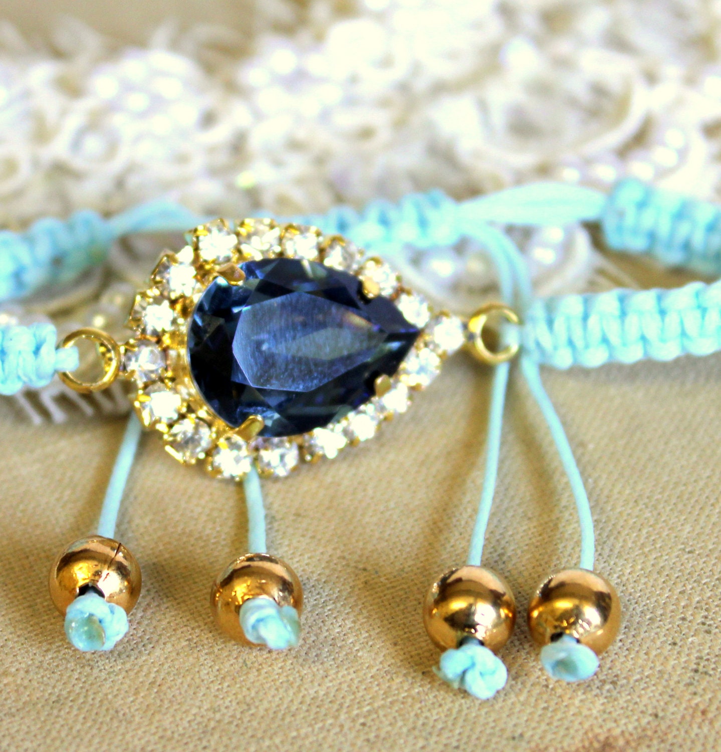 Crystal blue braided Friendship bracelet with real swarovski rhinestones