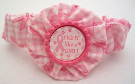 Girl Dog Collar 'Fight like a Girl' - Checked Pink Ribbon Awareness Fabric on Soft, Stretchable Elastic w/YoYo & Bottlecap Accent - XS,S,M,L