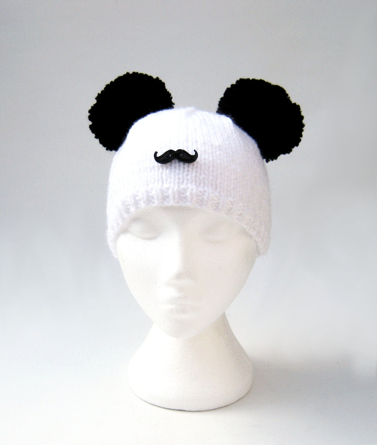 black hat beanie pom hat  pom and with pom   ears panda beanie moustache ears Adult hat pom animal