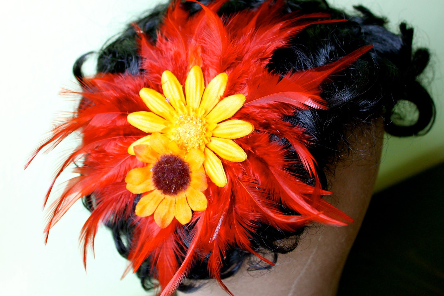 burnt orange feather yellow and orange daisy hair fascinator - MollysPurl