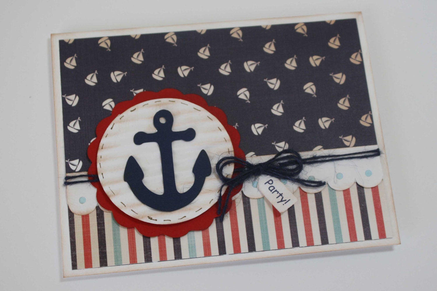 Nautical anchor invitations - rustic red and blue, baby shower or birthday invites, set of 12