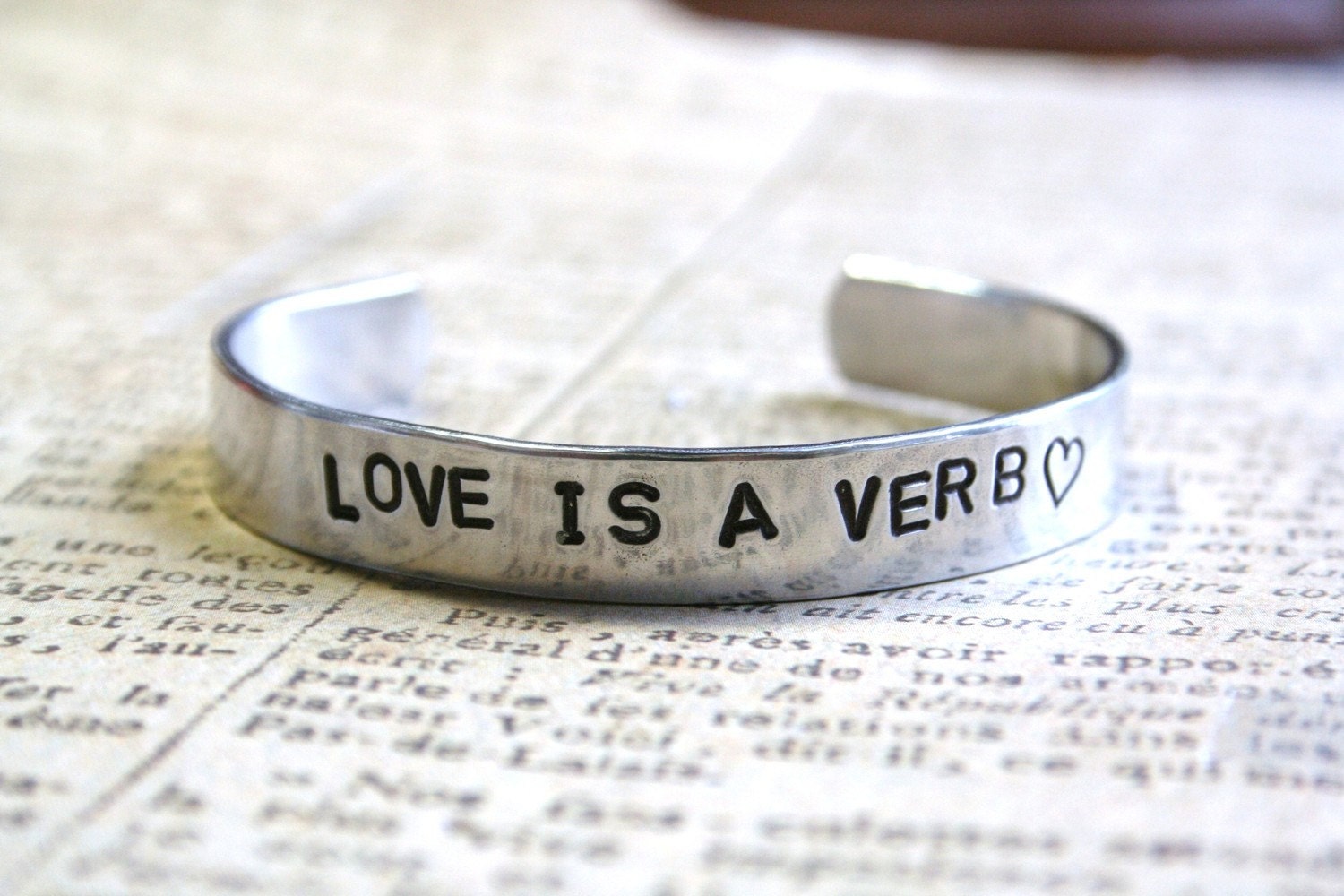 Bracelet Hand Stamped Love Is A Verb Cuff Aluminum Can Be Personalized With Your Own Words