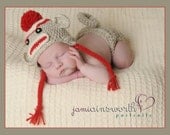 3-6m SET Sock Monkey  Hat  and Diaper Cover Baby Crochet Unique Photo Prop
