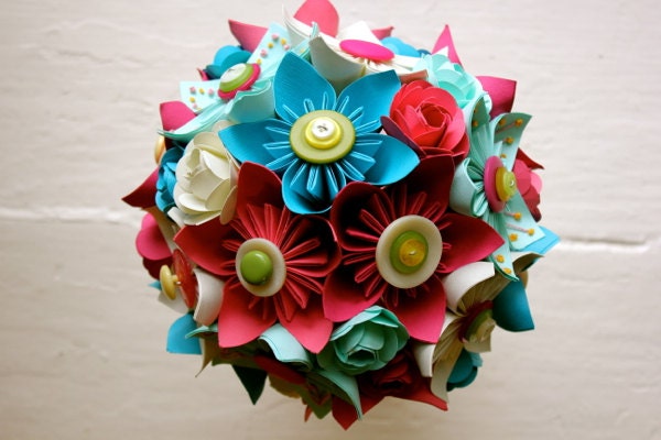Paper Flower Bouquet - Wedding, Pink, Blue, White, Kusudama, Book Page Paper Rose