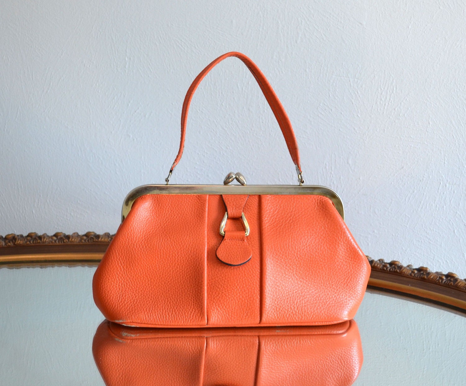 60s ORANGE Leather Handbag / vintage