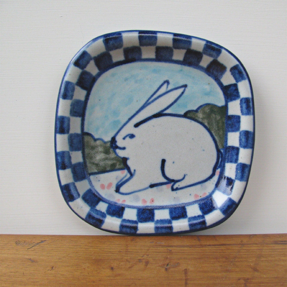 Vintage Stoneware Rabbit Dish Signed Pottery
