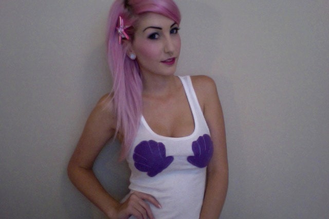 THE LITTLE MERMAID inspired Ariel princess racer back white tank top with purple shell appliques