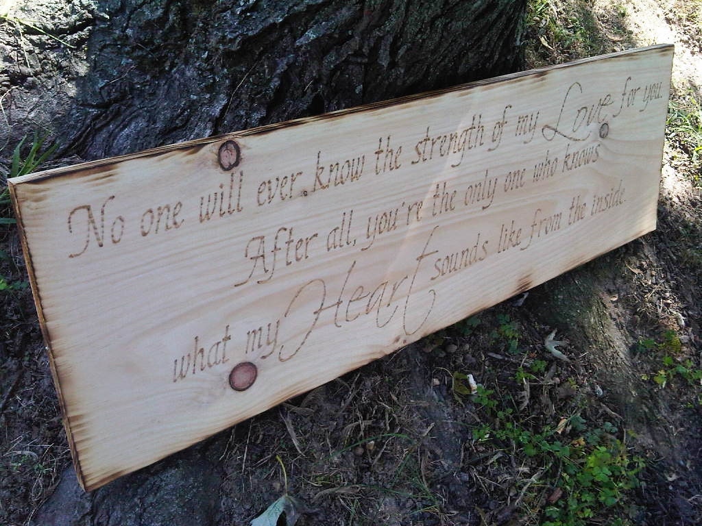 Rustic Nursery Art Sign WOOD BURNED "Strength of my Love" quote on large 12x36 boy girl