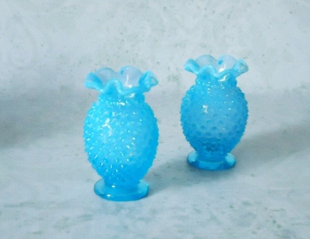 Pair of Turquoise Hobnail Glass Vases - Vintage Fenton Vases - Fenton Turquoise Glass Syrup Vases