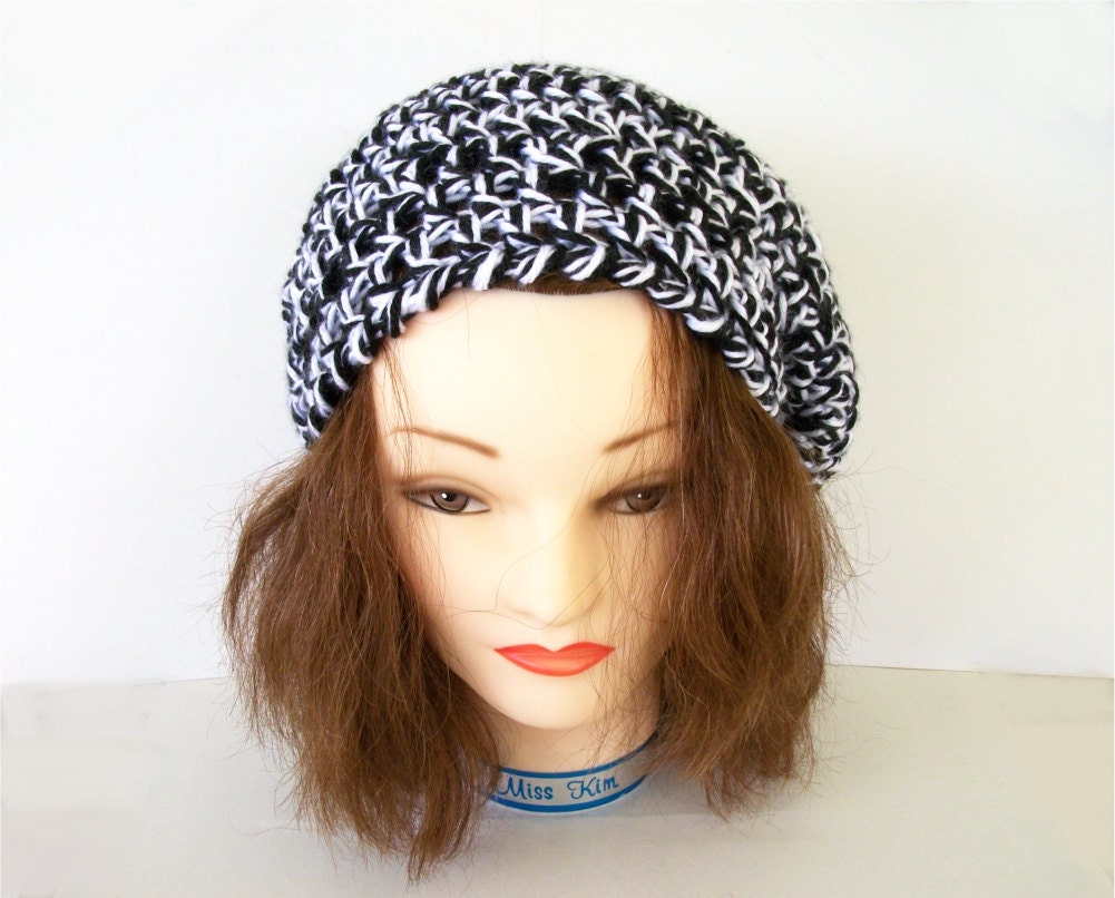 Chunky Slouch Hat Autumn Hat Crochet Beret Black and White Tam