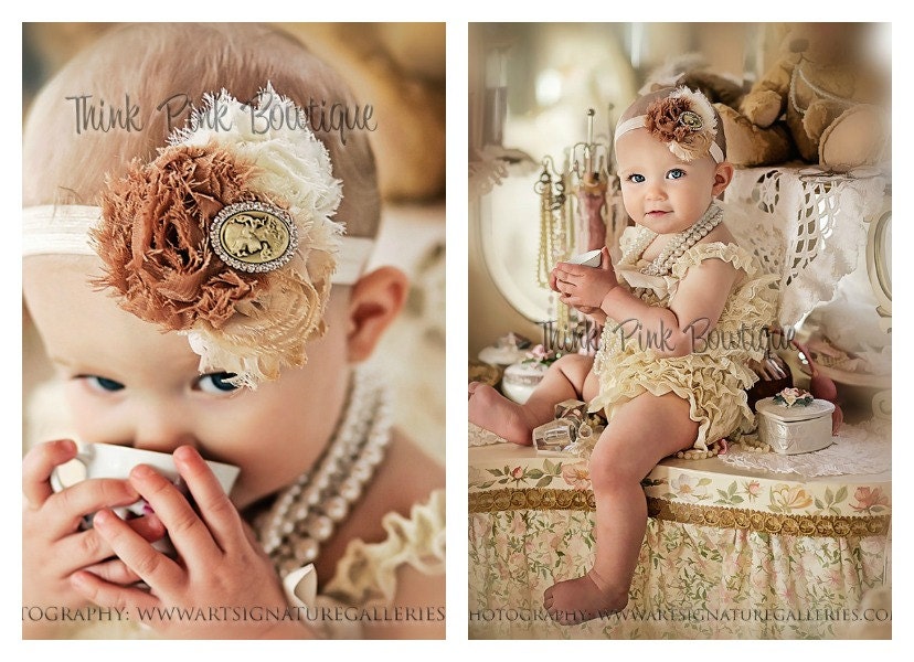 Cream petti lace romper and headband SET, petti romper,baby headband, flower headband,vintage inspired headband and lace petti romper