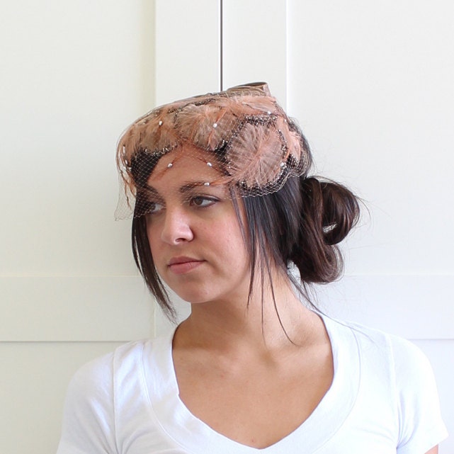Vintage Pillbox Hat with Veil, Tan Velvet Bow Beaded Hat, Netted Feather Birdcage Veil Hat, 1930s 30s Hat