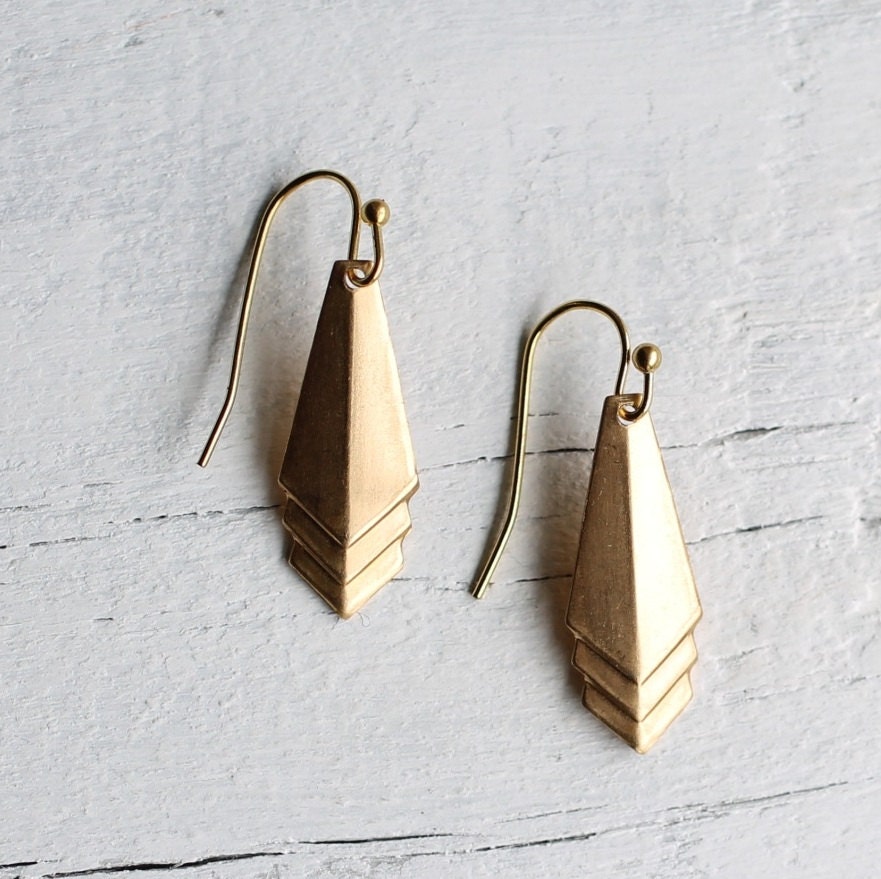 Deco Geometric Earrings ... Brass Vintage Drop Art Deco Minimalist