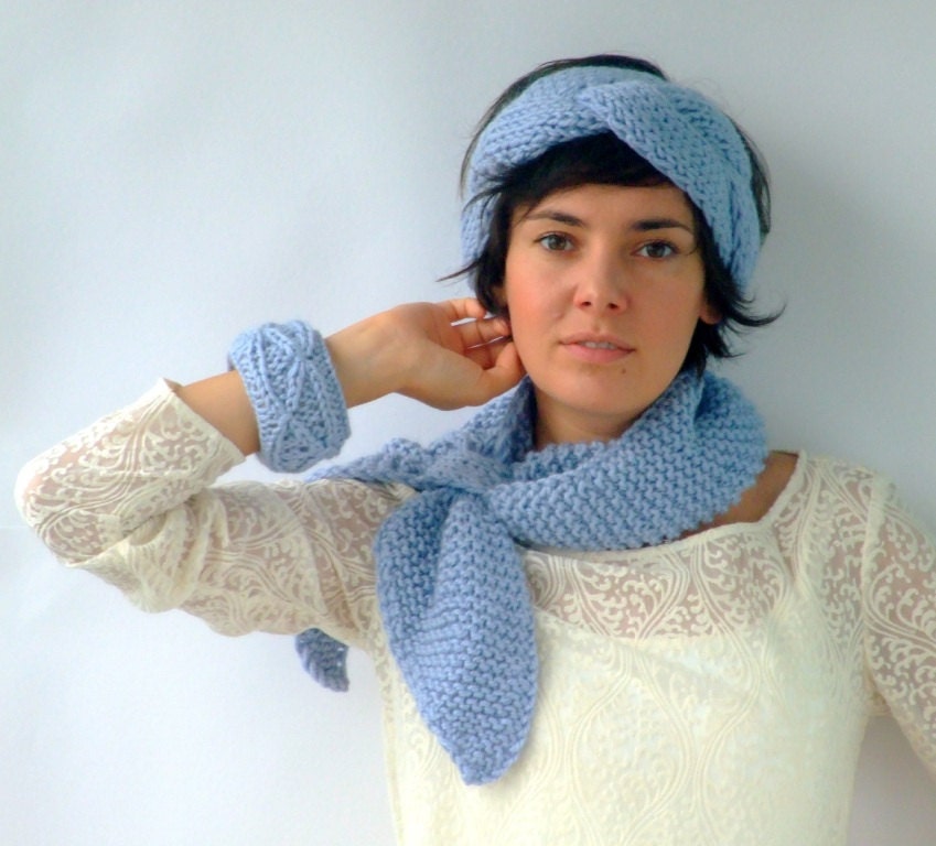 Knitted accessories set - scarf, headband and banlge in blue, wool, alpaca, acrylic