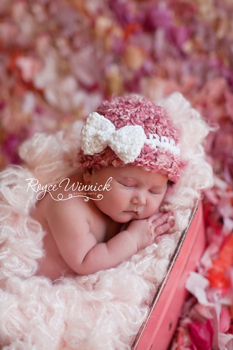PDF Instant Download Crochet Pattern No 260  Pink Beanie White Bow photo prop All sizes