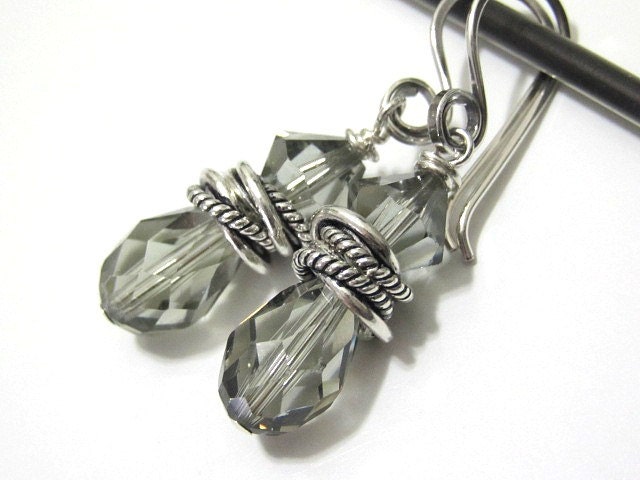 Teardrop Earrings Sterling Silver Gray Swarovski Crystals