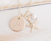 Initial Gold Disc Necklace,Gold Starfish,14k Gold Filled, Monogram Personalized Necklace Handmade Beach Wedding Bridesmaid Gifts